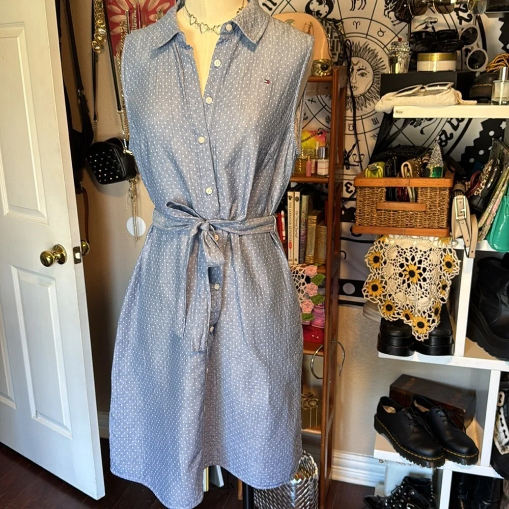 Tommy Hilfiger mini dress white polka dot/ blue collared belted half button sz10 - Picture 2 of 12